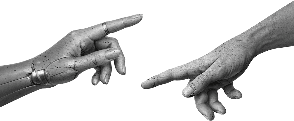 A robotic hand and a human hand reaching towards each other with their index fingers extended