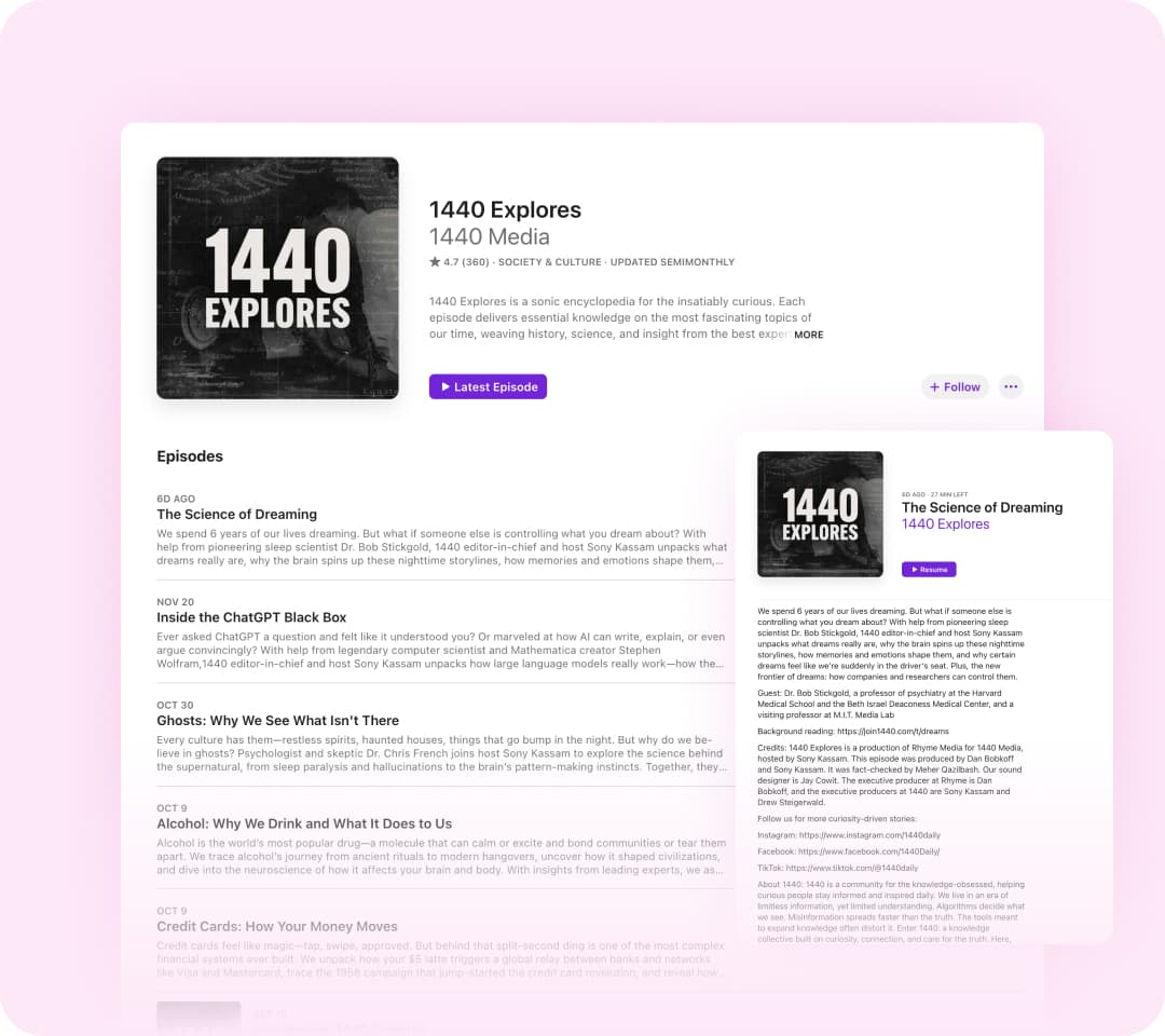 Screenshot of the 1440 Explores podcast episode list