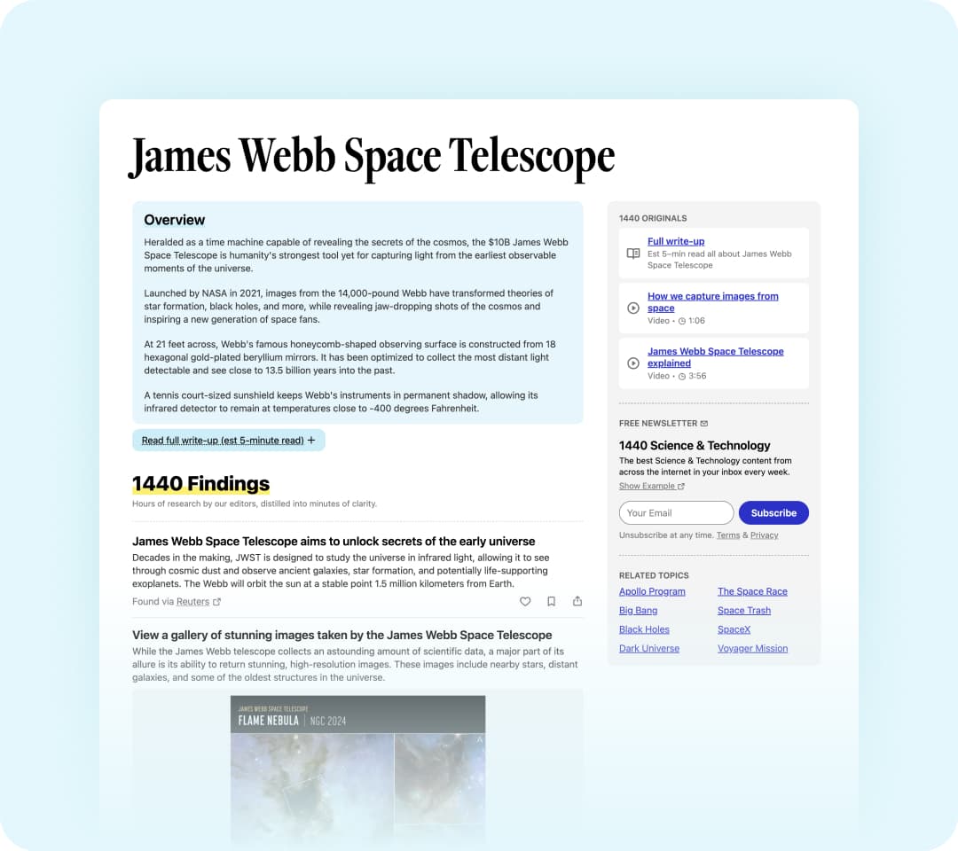 Screenshot of a 1440 topic page about the James Webb Space Telescope