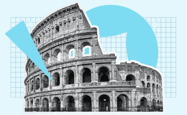 Collage of the Roman Colosseum on with shapes and colors surrounding