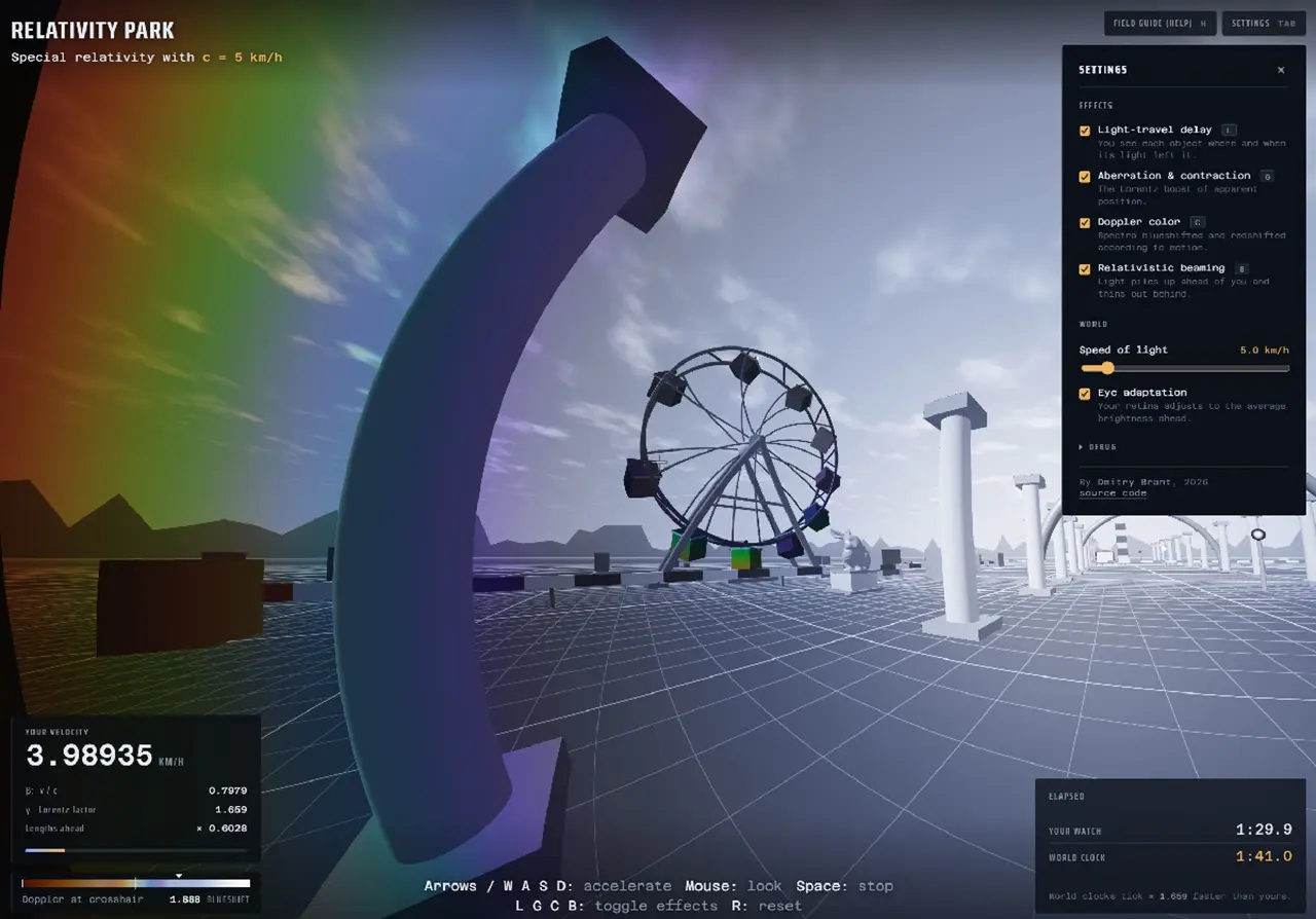 "Relativity Park simulation showing Doppler-shifted colors and warped scenery from near-light-speed motion, with a Ferris wheel and settings panel."